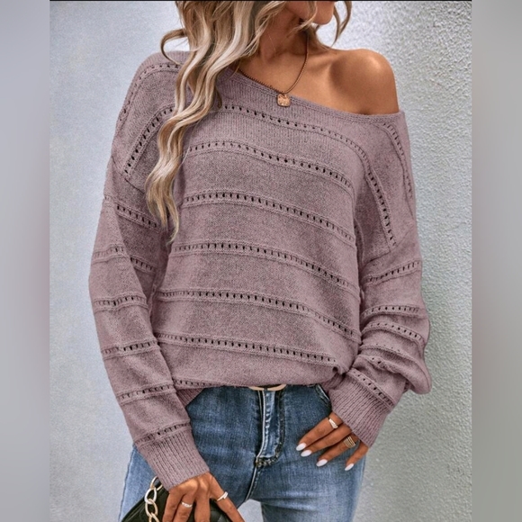 New Chic Open Knit Stripe Top Sweater Dusty Pink - Picture 7 of 9